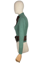 Load image into Gallery viewer, 1930&#39;s Reproduction Hand Knitted Long Sleeved Cardigan with Bow Trim and Spotted Belt in Green and Brown - Bust 32 34
