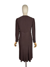 Load image into Gallery viewer, Original 1930's Dark Brown Satin Backed Crinkle Crepe Day Dress with Glass Buttons - Bust 32 34

