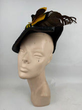 Load image into Gallery viewer, Original 1930's Black Straw Hat with Velvet and Feather Trim by Woods of Colwyn Bay *
