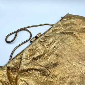 Original 1950's Soft Gold Leather Evening Bag with Snake Chain and Clear Paste Set Clasp