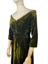 Load image into Gallery viewer, Original 1930&#39;s Off the Shoulder Moss Green Velvet Full Length Evening Dress - Bust 33 34 *
