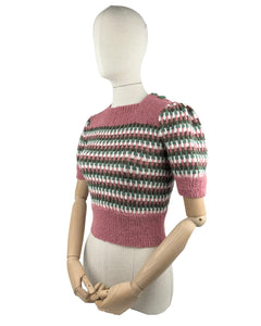 Reproduction 1940’s Hand Knitted Striped Jumper in Pink, White, Green and Brown Alpaca Wool - Bust 33 34 35