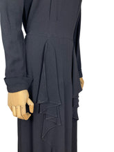 Load image into Gallery viewer, Original 1940’s Post WW2 Inky Black Crepe Cocktail Dress with Beaded Cutout Net Neckline and 11011 Label - Bust 38
