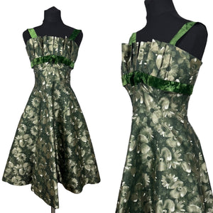 Original Kitty Copeland Green 1950's Nylon and Velvet Floral Cocktail Dress - Bust 30 32