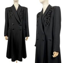 Load image into Gallery viewer, Original 1940’s Black Wool Double Breasted Coat with Velvet Appliqué Detail - Bust 42 44 46 *
