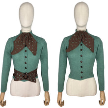 Load image into Gallery viewer, 1930&#39;s Reproduction Hand Knitted Long Sleeved Cardigan with Bow Trim and Spotted Belt in Green and Brown - Bust 32 34
