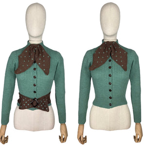 1930's Reproduction Hand Knitted Long Sleeved Cardigan with Bow Trim and Spotted Belt in Green and Brown - Bust 32 34