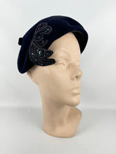 Load image into Gallery viewer, Original 1950&#39;s Dark Blue Fur Felt Hat with Bead and Sequin Trim *
