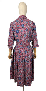 Original 1950's Volup Burgundy, Red, Blue and White Classic Cotton Belted Day Dress - Bust 40 42 *