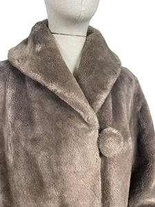 Fabulous Original 1950's Faux Fur Coat with Huge Cuffs, Shawl Collar and Large Buttons - Bust 38" *