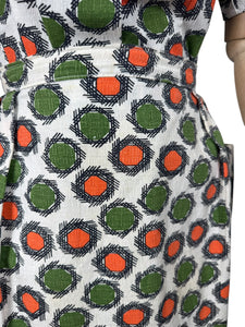 Original 1950's White, Orange, Green and Black Barkcloth Blouse and Skirt Suit - Bust 38 *
