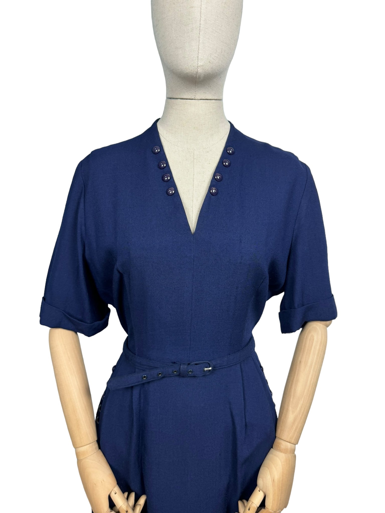 Original 1950's Dark Blue Moygashel Linen Classic Belted Day Dress by 1940s Style For You Original 1950's Dark Blue Moygashel Linen Classic Belted Day Dress by 1940s Style For You