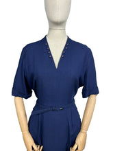 Load image into Gallery viewer, Original 1950&#39;s Dark Blue Moygashel Linen Classic Belted Day Dress by Rembrandt - Great Button Detail - Bust 38 *
