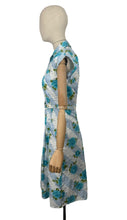 Load image into Gallery viewer, Original 1950&#39;s Stripe Floral Cotton Sleeveless Belted Day Dress in Blue and White with Bold Blue Roses - Bust 36 37
