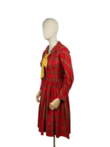 Original 1950's Candy Jones of California Red, Brown and Mustard Cotton Day Dress - Bust 34 35 *