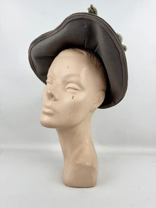 Original 1930's Grey Felt French Hat with Velvet Ribbon Trim by 'Suzanne Le Meunier'