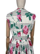 Load image into Gallery viewer, Original 1950&#39;s Crisp White Cotton Day Dress with Stripes and Roses Print - Bust 36
