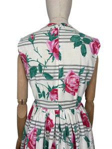 Original 1950's Crisp White Cotton Day Dress with Stripes and Roses Print - Bust 36