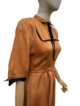 Load image into Gallery viewer, Original 1950's Caramel Coloured Grosgrain Belted Dress with Black Accent Trim - Bust 34 35
