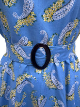 Load image into Gallery viewer, Original Late 1940's or Early 1950's Blue Cotton Belted Day Dress with Yellow and White Paisley Print - Bust 40
