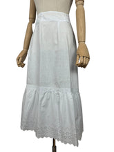 Load image into Gallery viewer, Antique Edwardian Short White Cotton Petticoat with Tie Waist and Lace Trim - Waist 27&quot;
