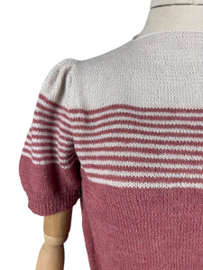Reproduction 1940's Striped Jumper in Strawberry Pink and White Fog with Full Puff Sleeves - Bust 38 40 *