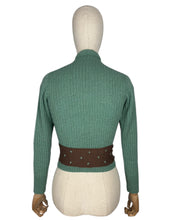 Load image into Gallery viewer, 1930&#39;s Reproduction Hand Knitted Long Sleeved Cardigan with Bow Trim and Spotted Belt in Green and Brown - Bust 32 34
