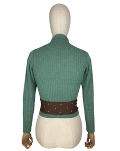 1930's Reproduction Hand Knitted Long Sleeved Cardigan with Bow Trim and Spotted Belt in Green and Brown - Bust 32 34