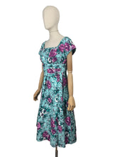 Load image into Gallery viewer, Original 1950's Marldena Model Blue Cotton Day Dress with Pink, Black, Teal and Black Floral Print and Hip Swag - Bust 35 *
