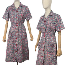 Load image into Gallery viewer, Original Volup 1930&#39;s Blue Cotton Dress with Pretty Floral Print in Red, Green and White - Bust 40 42

