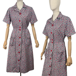 Original Volup 1930's Blue Cotton Dress with Pretty Floral Print in Red, Green and White - Bust 40 42