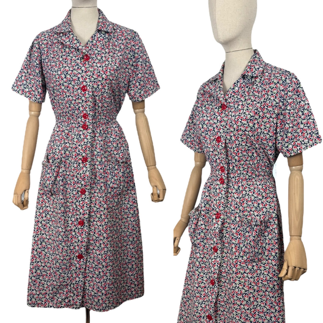 Original Volup 1930's Blue Cotton Dress with Pretty Floral Print in Red, Green and White - Bust 40 42