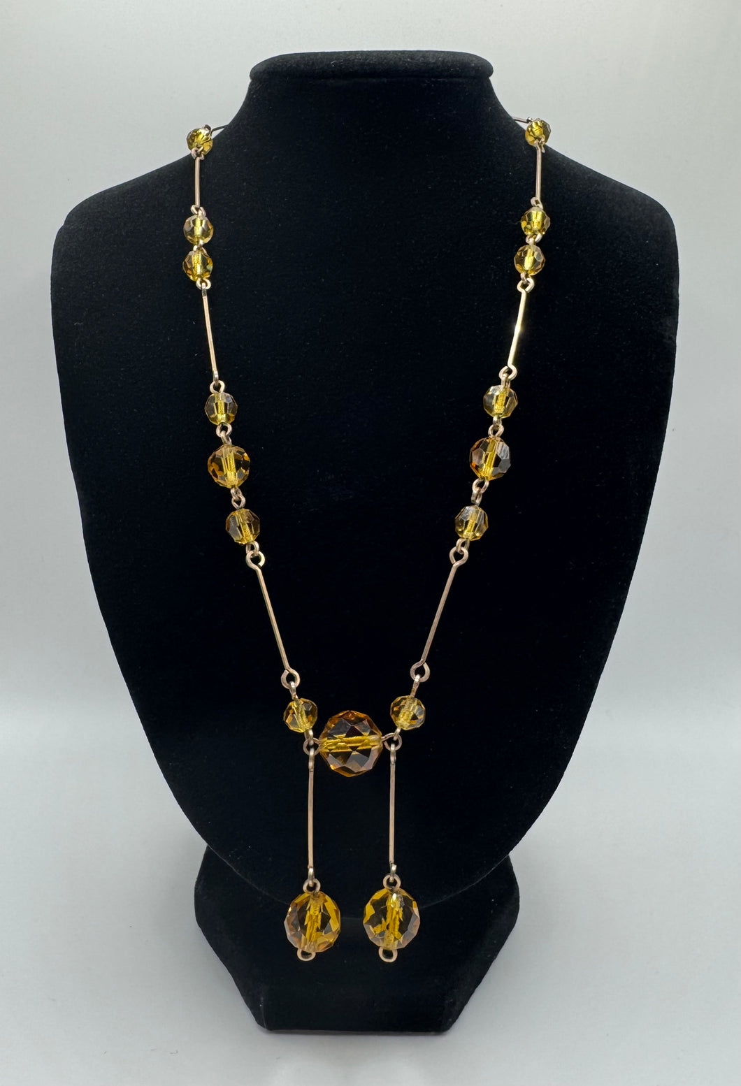 Antique Edwardian Amber Coloured Glass Necklace with Double Droplet