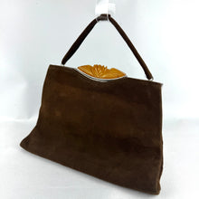 Load image into Gallery viewer, Original 1930's Warm Brown Suede Bag with Amber Coloured Carved Rose Clasp
