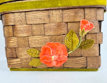 Load image into Gallery viewer, Beautiful Vintage Betsy B Wooden Basket Box Bag with Green Velvet Trim and Pink Flower Applique
