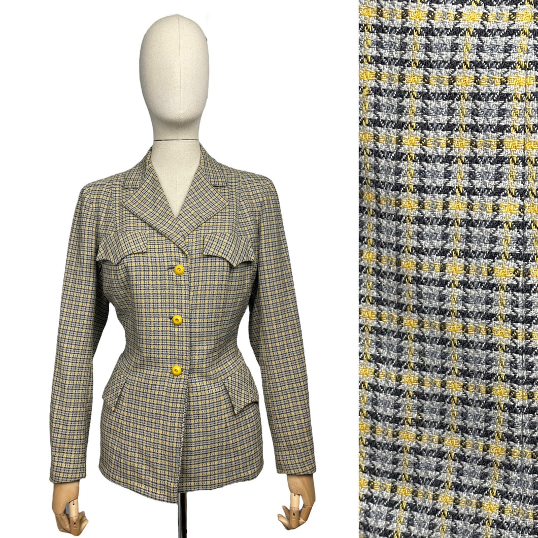 RESERVED FOR KELLY - DO NOT BUY Original 1940's Grey and Yellow Check Jacket with Fabulous Pocket Detail by Brenner Sports - Bust 38