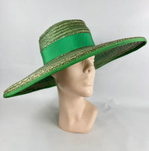 Load image into Gallery viewer, Original 1950’s Hudson Bay Large Green Straw Sun Hat with Grosgrain Trim
