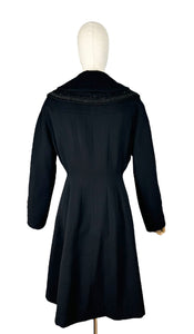 Original 1950's Petite Length Black Wool Princess Coat with Beaded Shawl Collar - Bust 38