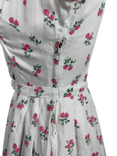 Load image into Gallery viewer, Original 1950&#39;s White, Pink and Green Textured Cotton Belted Day Dress with Roses Print and Frill Collar - Bust 34
