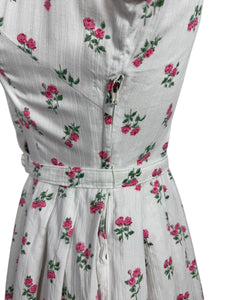 Original 1950's White, Pink and Green Textured Cotton Belted Day Dress with Roses Print and Frill Collar - Bust 34