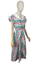 Load image into Gallery viewer, Original 1950's Vibrant Cotton Dress in White, Blue, Black and Pink Cherry Print - Bust 34 35 *
