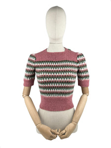 Reproduction 1940’s Hand Knitted Striped Jumper in Pink, White, Green and Brown Alpaca Wool - Bust 33 34 35