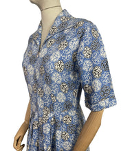 Load image into Gallery viewer, Original 1940&#39;s CC41 Heavy Linen Day Dress in Blue, Black and White - Bust 34
