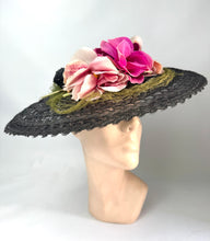 Load image into Gallery viewer, Original 1940's Black Mesh Pancake Hat with Pink Flower and Green Net Trim *
