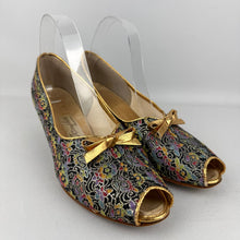 Load image into Gallery viewer, Original 1950’s Rainbow Floral Lounge Shoes with Gold Bow Trim - Charming Slippers - Size 5.5 or 6 *
