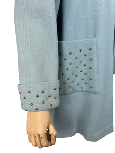 Original 1940's Wool Jacket in Soft Blue with Studded Cuffs and Pockets - Bust 36 38