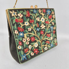 Load image into Gallery viewer, Original 1950&#39;s Black Needlepoint Bag with Red, Green, Blue and Cream Embroidery
