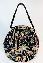 Load image into Gallery viewer, Original 1920&#39;s Black Cotton Bag with Vibrant Silk Embroidery of Flowers, Palm Trees and Buildings *
