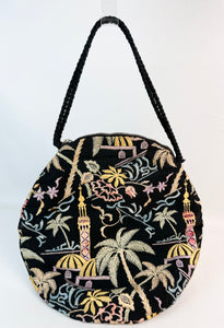 Original 1920's Black Cotton Bag with Vibrant Silk Embroidery of Flowers, Palm Trees and Buildings *