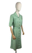 Load image into Gallery viewer, Original 1940&#39;s White and Green Candy Stripe Heavy Linen Button Front Belted Day Dress - Bust 40 42 *
